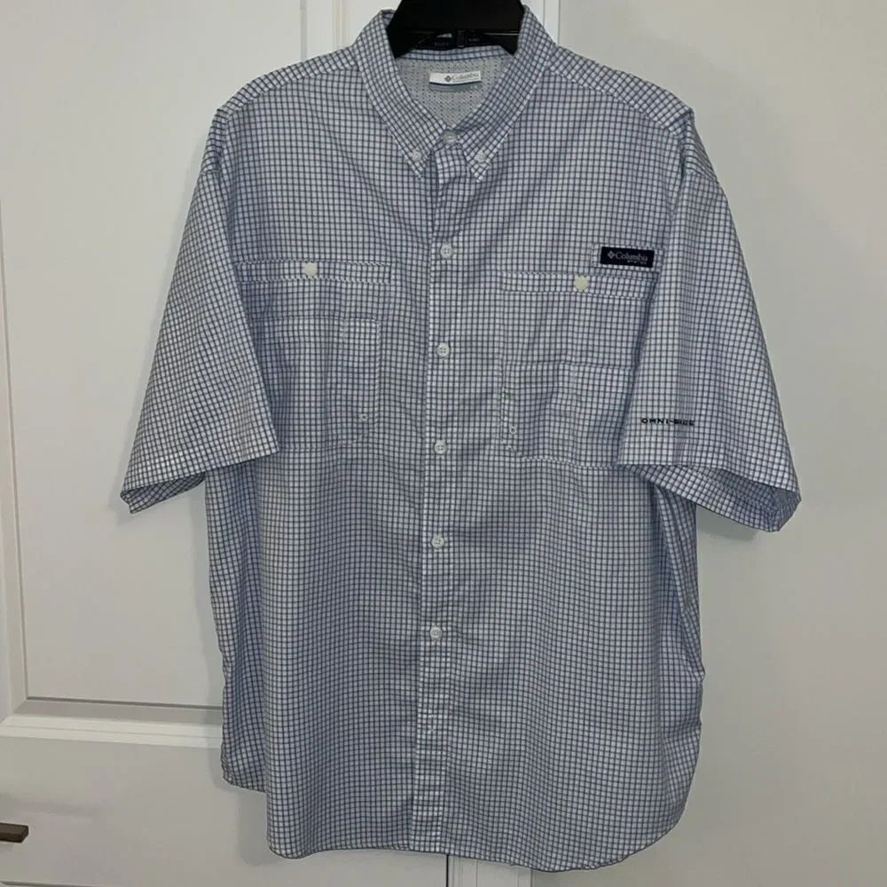Blue check super Tamiami omnishade short sleeve PFG performance fishing shirt L